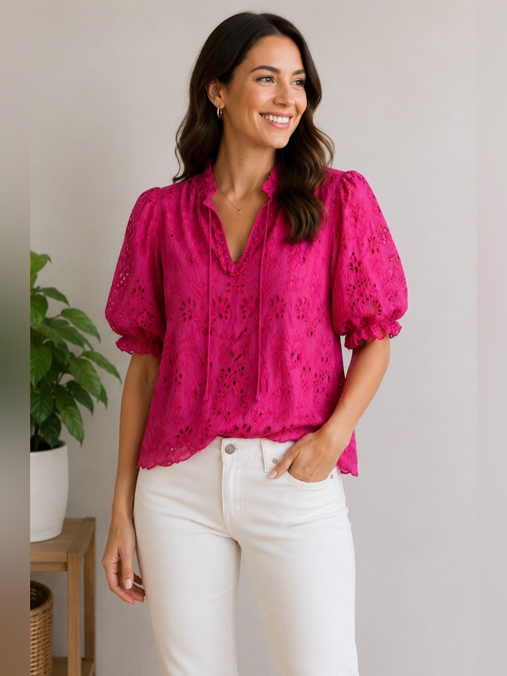 Generation Love Hot Pink Eyelet Lace Puff Sleeve Blouse